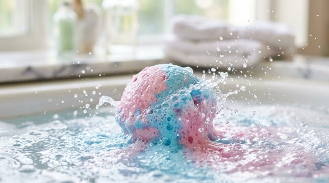 Colorful pastel bath bomb fizzing in warm bathtub water with soft bubbles and foam relaxing spa scene for wellness self care aromatherapy beauty skincare luxury hygiene peaceful home bathing ritual
