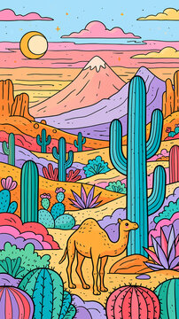 A colorful illustration of a camel standing in a vibrant desert landscape with many cacti and mountains under a bright moonlit sky