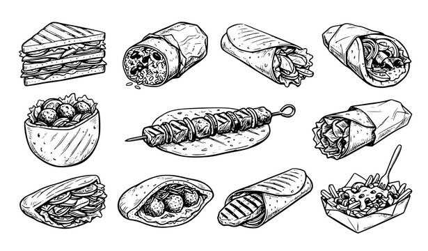 Street Food Hand Drawn Sketch Sandwich Shawarma Gyros Kebab Vector Set