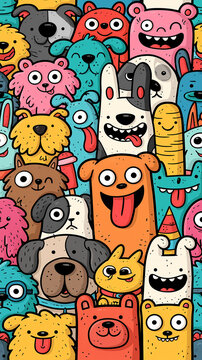 A colorful seamless pattern featuring a collection of happy cartoon dogs and cute monsters with funny expressions in a playful doodle style