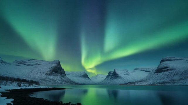 Aurora Borealis Illuminates Snowy Mountain Landscape with Reflection in Calm Water Under Starry Night Sky