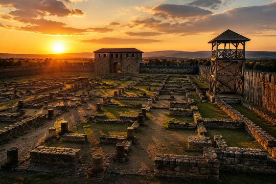 Roman military camp ruins at dusk with long shadows and warm glow.