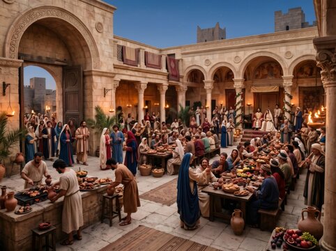 Wedding feast in ancient Middle East courtyard