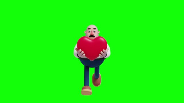 A 3D cartoon-style illustration of a bald, overweight businessman holding a large red heart in front of his face, viewed from the front