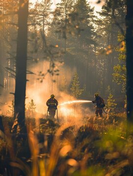 A team of firefighters in reflective gear directs a powerful water stream at a wildfire in a forest glowing with golden light.