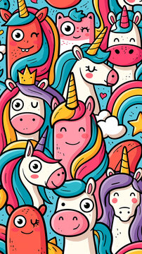 A colorful pattern featuring a collection of cute doodle style unicorns with rainbow manes and stars on a blue background