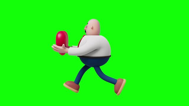 A 3D cartoon-style illustration of a bald, overweight businessman running from the side view while holding a big red heart