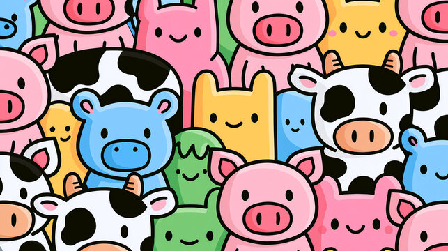 A colorful pattern illustration featuring many cute cartoon farm animals including pigs and cows with happy expressions
