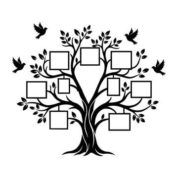 Family Tree With Photo Frames and Flying Birds Black Silhouette Vector Illustration.