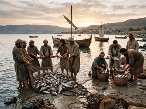 Fishermen pulling miraculous net of fish on shore