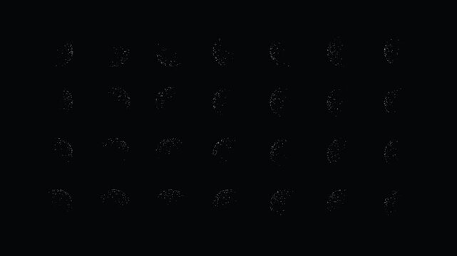 A grid of twenty-eight crescent shapes formed by tiny white light particles