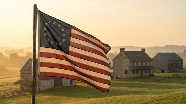 Historical betsy ross american flag waving in the wind in front of an old colonial farmhouse. 13 colonies flag
