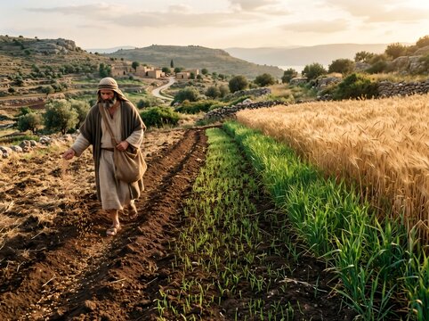 Sower scattering seeds in a fertile field during sunset