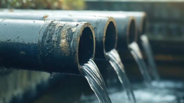 Water discharging from a row of industrial pipes