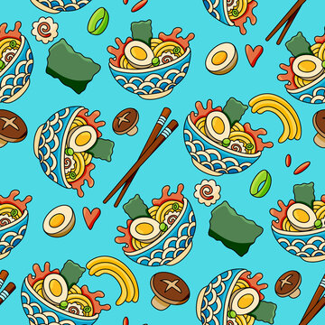 Japanese ramen noodle bowls seamless pattern on turquoise background
