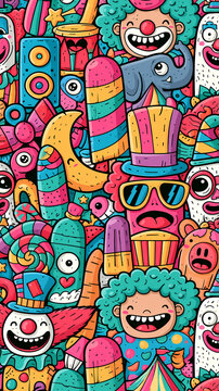Colorful doodle pattern featuring various circus characters and carnival treats in a vibrant hand drawn style for a fun and playful background design