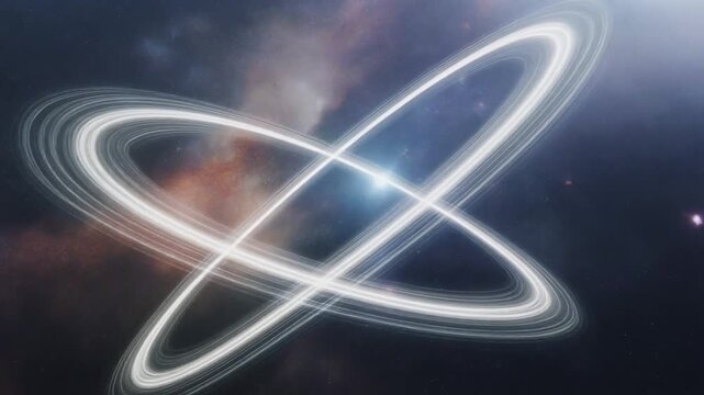 Abstract Glowing Atomic Orbital Rings Floating in Deep Space Nebula