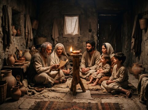 Family listening to elder reading ancient scroll by oil lamp