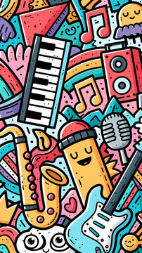 A colorful hand drawn doodle pattern featuring various musical instruments and cute characters for a fun and creative music themed background design