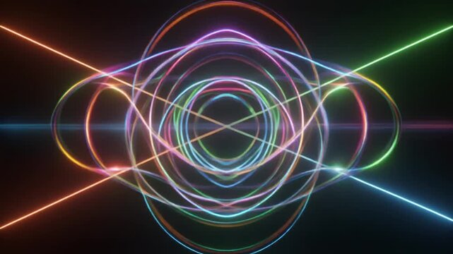 Glowing Neon Circular Rings with Radiating Beams on a Dark Background