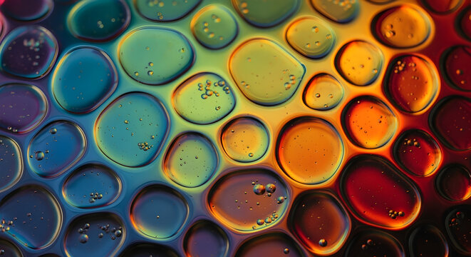 Abstract macro background of colorful oil droplets in water creating a vibrant cell-like pattern