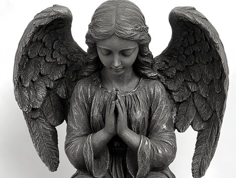 A grayscale statue of a young, female angel with large wings, her hands clasped in prayer
