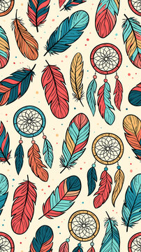 A colorful seamless pattern featuring hand drawn feathers and decorative dream catchers arranged on a light background for a bohemian style artistic design