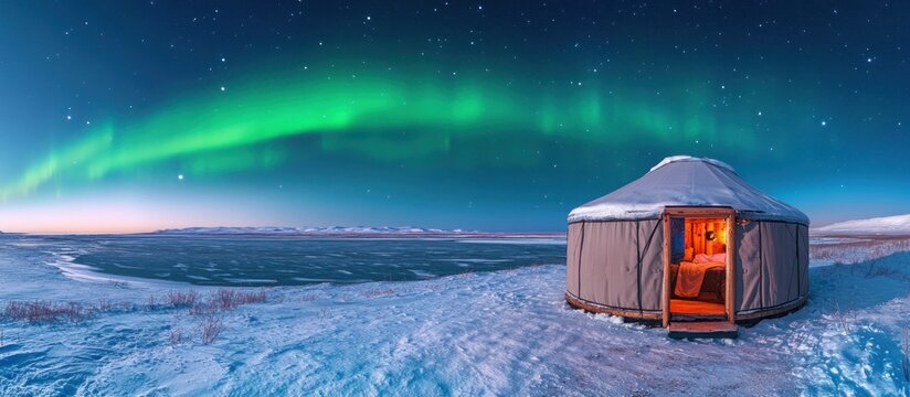 Cozy Yurt Under Vibrant Aurora Borealis Over Frozen Lake in Snowy Winter Landscape