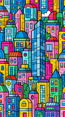 Naklejka premium A vibrant city scene featuring colorful buildings and tall skyscrapers illustrated in a modern flat art style with bold outlines and bright tones