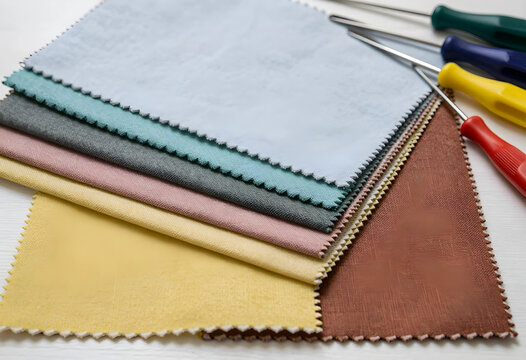 Textile design and fabric samples, colorful swatches for interior decor and fashion industry, sewing and upholstery materials
