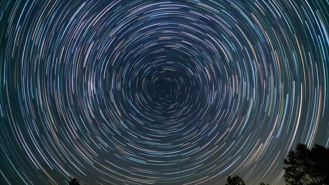 Circular Star Trails Above Silhouetted Trees at Night