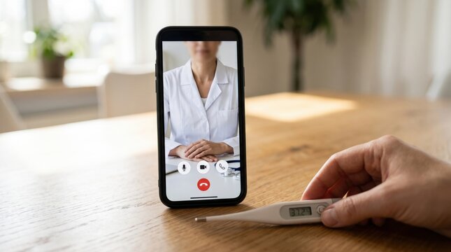 Telemedicine showing a video call with a doctor on a smartphone screen while a patient holds a digital thermometer, illustrating remote healthcare consultation, online medical