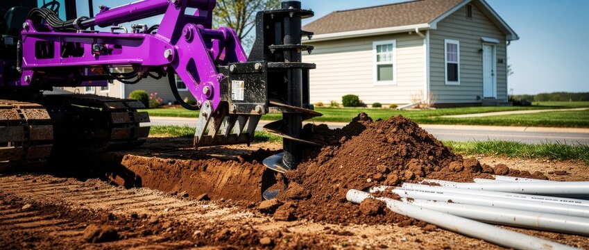 Purple excavator with auger attachment drilling into dirt near a residential home. Machine installing underground utility pipes for site work. Infrastructure development and construction concept.