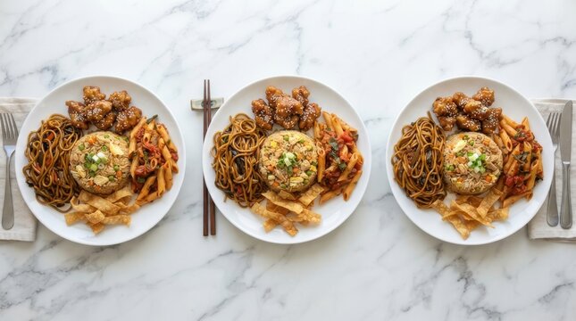 Three identical plates of asianfusion meals featuring fried rice, noodles, pasta, and chicken on a marble surface