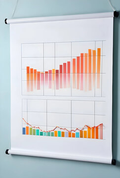 Business growth and financial analysis, bar and line graphs on a pull-down chart for data visualization and market trends
