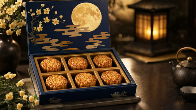 Traditional mooncakes in a luxury gift box with golden full moon, mid-autumn festival celebration, chinese moon festival food, festive ceremony, seasonal gifting, cultural holiday tradition