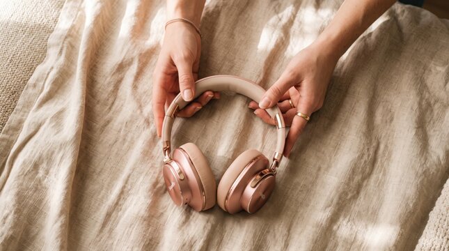 Close up of female hands holding stylish rose gold wireless headphones on beige linen bed sheet, luxury audio technology accessory, soft natural sunlight illumination