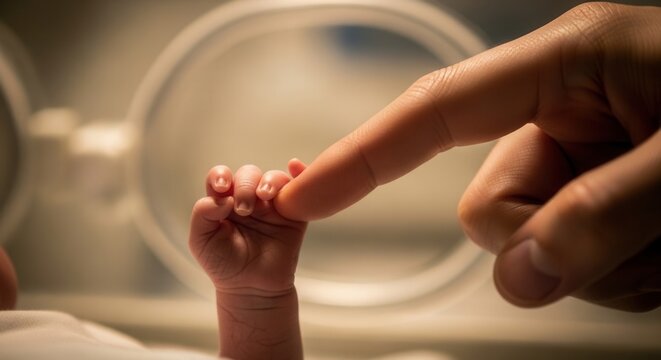 Premature baby's tiny hand gripping parent's finger in incubator, symbol of hope, care, and new life