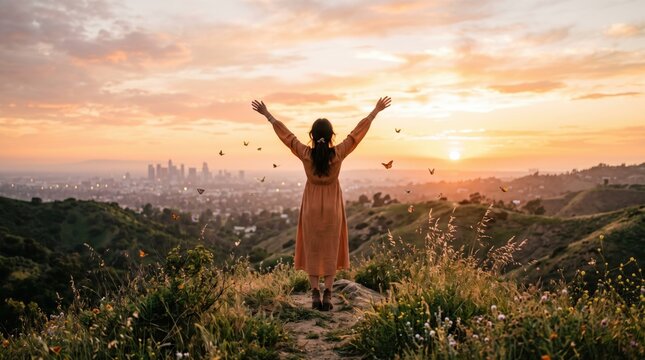 Woman standing on hilltop with arms raised enjoying beautiful sunrise over city skyline, freedom and wellness lifestyle, morning meditation in nature, urban escape, mental health