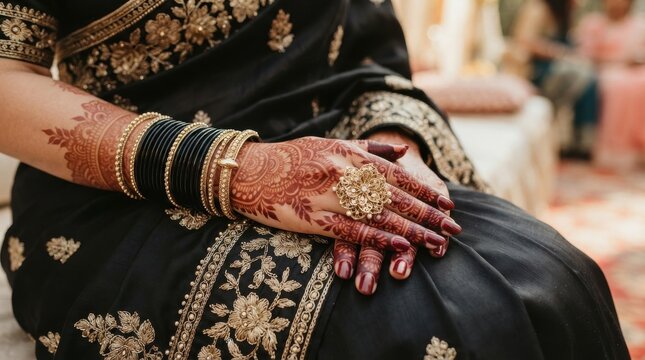 Closeup of a womans hand with henna tattoos and traditional bangles