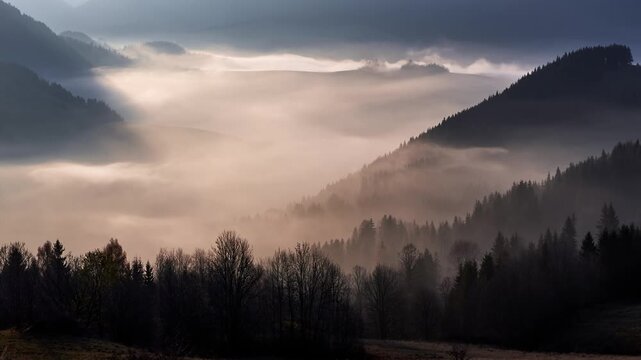 Timelapse of Gentle Fog Waving in Forest Valley During Sunset