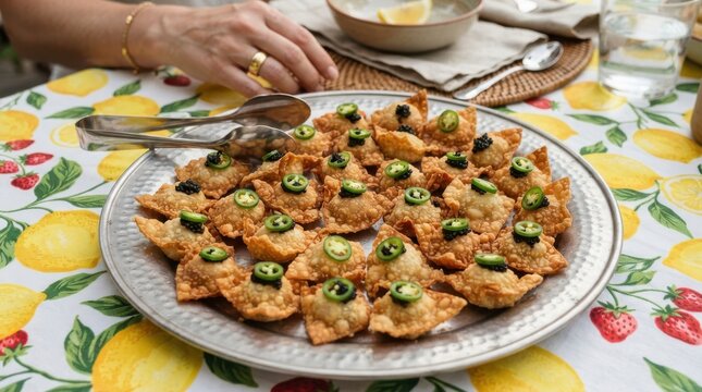 Appetizer platter with fried wontons topped with jalapeo slices and caviar