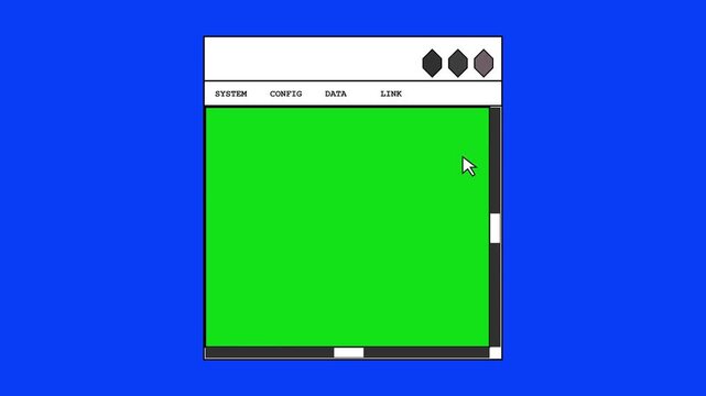 Retro Vintage Computer Window with Green Screen Chroma Key on Blue Background 90s Aesthetic Pixel Art UI Interface Animation
