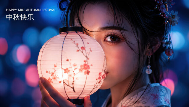 Happy Mid-Autumn Festival greeting banner with beautiful Asian woman holding glowing paper lantern at night