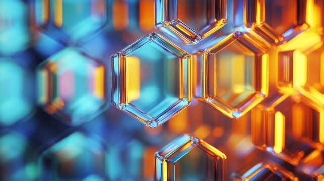 Vibrant transparent glass hexagon pattern with glowing reflections and macro depth showing futuristic honeycomb structure abstract technology material science design geometric background texture scene