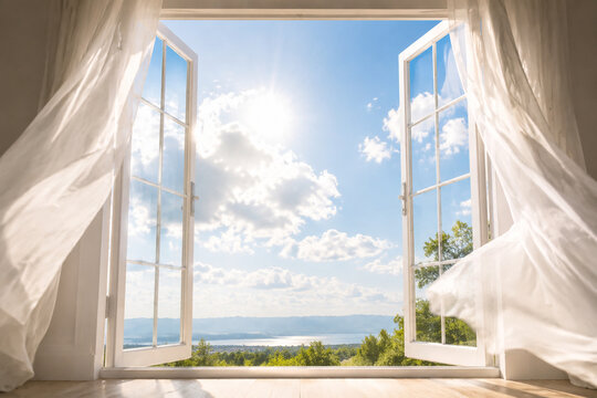 A large window being pushed open with billowing curtains and a bright sky outside.