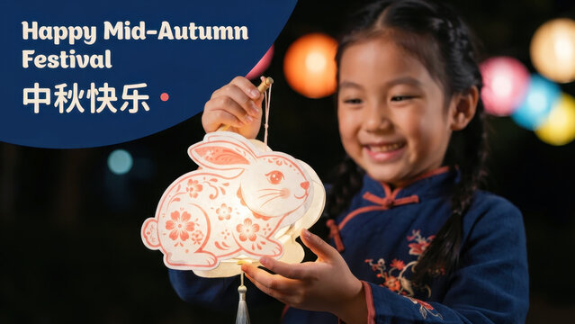 Festive smiling child holding a rabbit lantern while joining an autumn outing, reunion cultural celebration linking childhood memories, festival childhood shaped by moon rabbit folklore