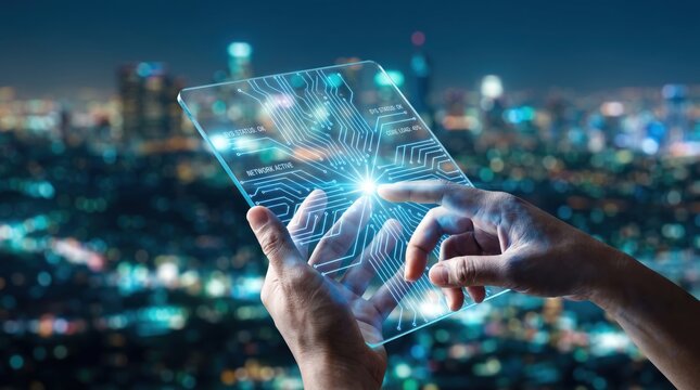 Hands holding transparent futuristic tablet displaying glowing circuit board pattern against city skyline at night, advanced technology communication network system, smart city
