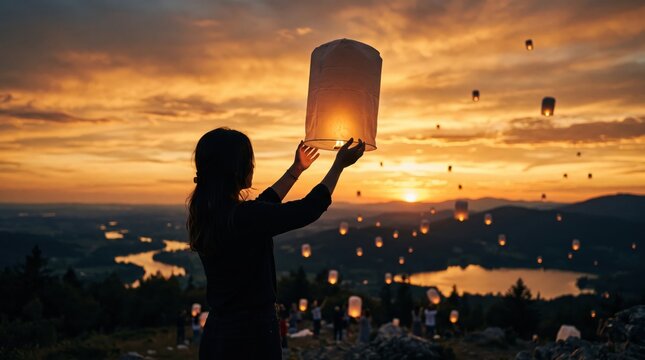 Woman releasing glowing sky lantern at sunset over mountains, silhouette holding paper light, traditional festival celebration, hope and wish, scenic landscape with multiple