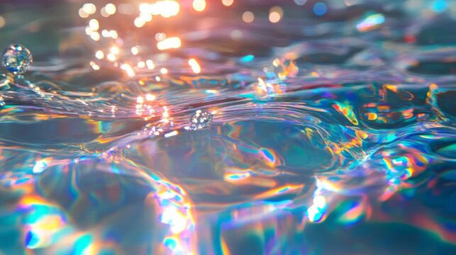 Close up of shimmering water ripples with rainbow reflections and sparkling highlights creating liquid crystal abstract surface for freshness purity wellness beauty relaxation elegant background glow